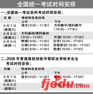 广东2008年高考部分学科考试时间调整