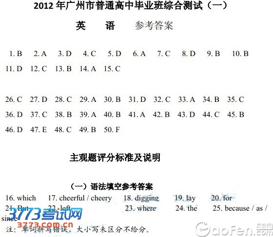 2012年广州一模英语试卷答案_高分网 2012年广州一模英语试卷答案_高分网