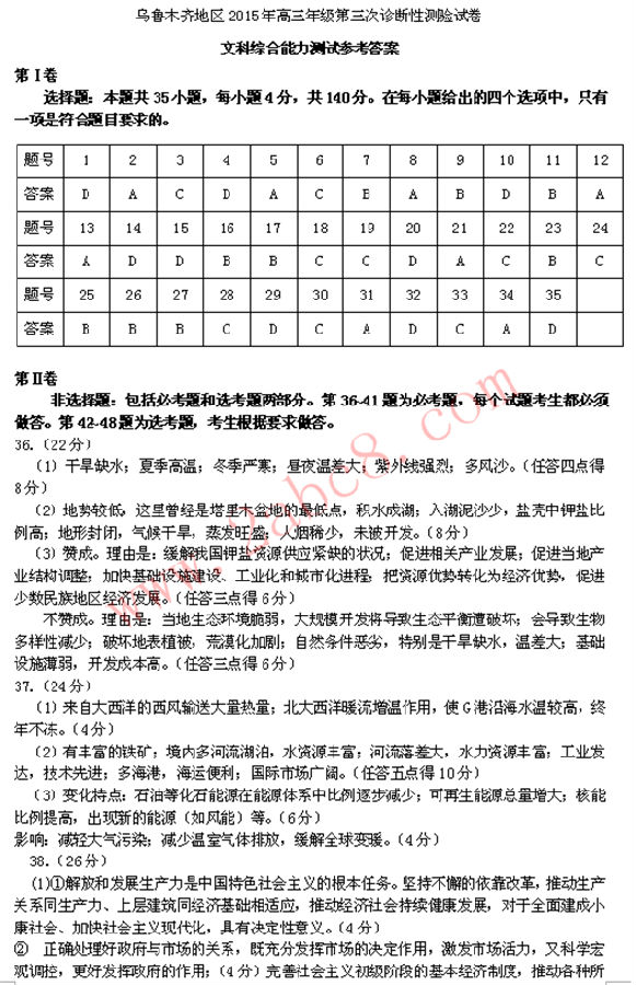 2015乌鲁木齐三模文综试题答案1.png 2015乌鲁木齐三模文综答案 乌鲁木齐地区2015年高三年级第三次诊断性测验试卷文科综合